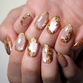 24 Pcs Gold Press on Nails Short Oval Fake Nails with 3D Gold Flower Design Glue on Nails Cat Eye Glossy False Nails Spring Acrylic Nails Press ons Full Cover Stick on Nails for Women Girls