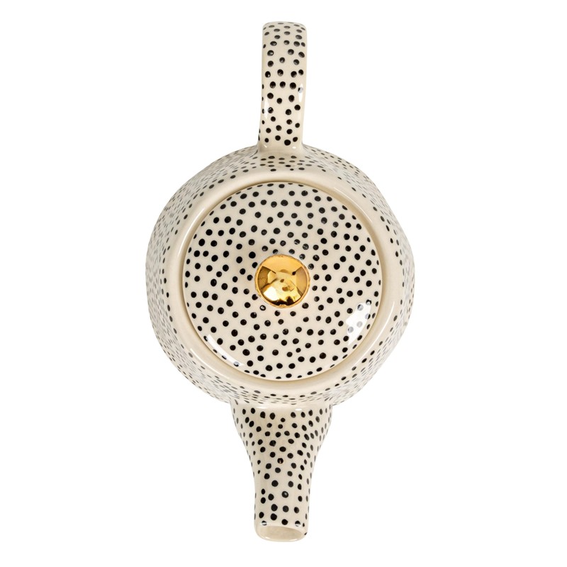 White Stoneware Teapot with Black Speckles & Gold Electroplating
