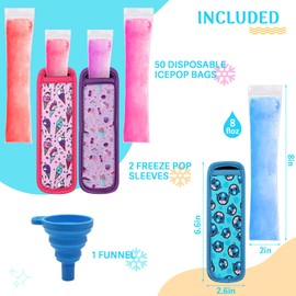 Freezer Pop Bags Set Including 50 Disposable Ice Popsicles Molds 2 Popsicle Holders for Kids, Popsicle Bags With Zip Seals for Healthy Snacks, Yogurt Tubes, Juice Fruit Smoothies Popsicle Mold