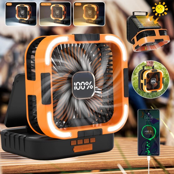 Rechargeable Camping Fan Battery Powered Portable Solar Fan with LED