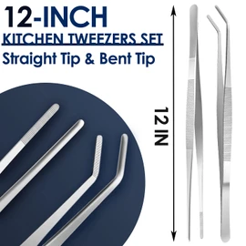 Gutsdoor Kitchen Tweezers Set Stainless Steel Tongs Tweezers Set of 2 with Precision Serrated Tips for Cooking and Medical (12 Inch Set)
