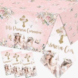 Juweked 3Pcs First Communion Table Cloth Plastic First Communion Decorations for Girls Baptism Table Cloth Mi Primera Comunion Table Cloth God Bless Baptism Decorations for Christening Confirmation