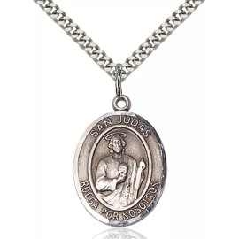 Bliss Sterling Silver San Judas Religious Medal Pendant Necklace 24" Chain GiftBox