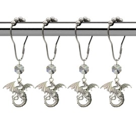 Decorative Dragon Shower Curtain Hooks for Bathroom Shower Rod, Rust Proof Stainless Steel Curtain Rings Set of 12 with Crystal Beads Fantasy Dragons Fairytale Decor Bathroom Bathtub (Silver)