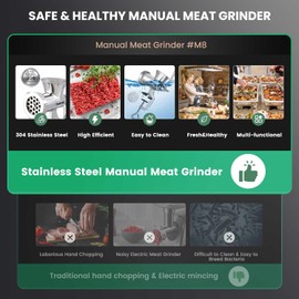 Huanyu Meat Grinder Manual Stainless Steel with Sausage Stuffer and Two Plates, Compact with Table Clamp, Heavy Duty for Chicken, Beef, Small Bone, Chili M8