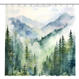 Coveted Goods Mountain Forest Shower Curtain 72” x 72”, Waterproof Polyester, Misty Pine Tree Landscape, Includes Grommets and Hooks, Machine Washable Nature-Inspired Bathroom Decor