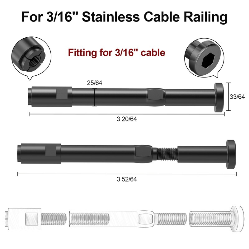 BLIKA 20 Pack 3/16" Black Swageless Invisible Cable Railing Kits