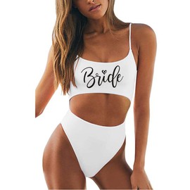 MUZHI Women's Bride One Piece Swimsuits Ruched Tommy Control Wifey Swimwear Sexy Back Crossover Swimming Bathing Suits, White Bride, X-Large