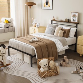 RoyalCraft Twin Bed Frame: Industrial Platform Bed w/Wood Headboard, Storage Shelves, LED Lights, and Steel Slats, No Box Spring Needed, Easy Assembly