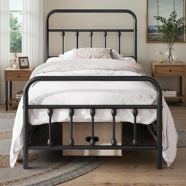 Chuangshuo Guard Twin Bed Frame-Classic Metal Platform Bed Frame Mattress Foundation with Victorian Style Iron-Art Headboard/Footboard/Storage Space/No Box Spring Needed/Black