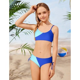 FoWear Girls Swimsuits Bikini Set 2 Pieces Color Block Bikini with Adjustable Shoulder Strap Girls Bathing Suit 7-16Y, Blue-deep, 13-14 Years