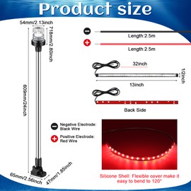 Rossesay White LED Boat Stern Light with 2 Pcs 8.2ft Extra Cables All Round 12-24v, and 2 Pcs Navigation Lights LED Anchor for Boats Red and Green Running Marine(24 Inch)