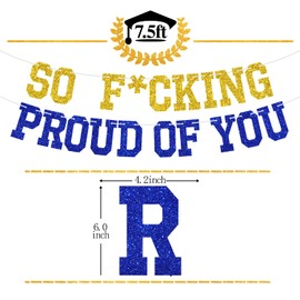 So F*cking Proud Of You Banner, You Did It/Felicidades Grad, Clase de 2023 Decoración de fiesta de graduación, purpurina azul y dorada