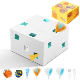 Migipaws Automatic MigiBox Plus Cat Toys 3 n1 Interactive Pounce Mystery Under PopSkin 12 Holes Cardboard Kitten Toys for Indoor Rechargable 8 Accessories(White)