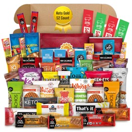 Snack Squad Keto Low-Carb High-Protein Diet Snack Variety Gift Pack 52 count for adults, Bulk Box - High Protein, Low Carb Snack for Adults with Popular Meat Beef Jerky, Cheese Crisps, Pork Rinds, Nuts and Seeds, Protein Bars, Low-Carb and Low-Sugar Sweets and Much More - Healthy Food Boxes (Gold, 52, Count)