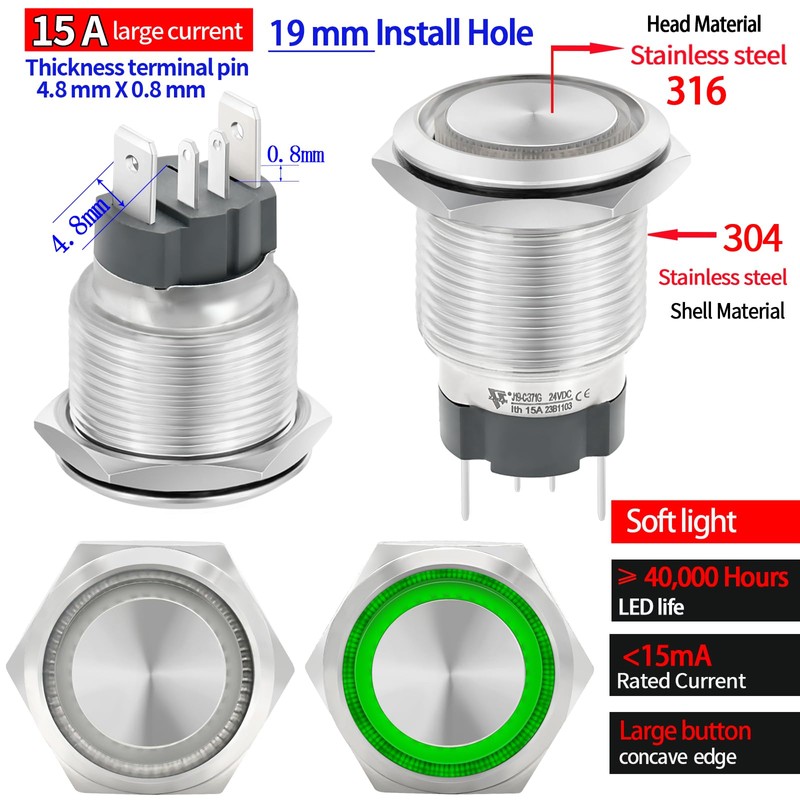 15Amp Latching Push Button Switch 19mm Green 12V 24V Power