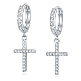 Me&Hz Sterling Silver Plated Cross Earrings Silver Huggie Hoop Earrings Cubic Zirconia Cross Charm Dangle Drop Cross Earrings for Women Men 1st Communion Gifts Cross Jewelry