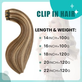 SURNEL Clip in Hair Extensions Color 4 Medium Brown Highlighted 27 Caramel Blonde Clip in Hair Extensions Human Hair 18 inch 6pcs 120g(#4P27,18")