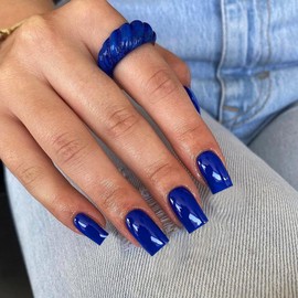 KQueenest Acrylic Press on Nails Short Medium Square, Royal Blue False Nails Short Coffin, Glossy Natural Solid Color Fake Nails Set, Reusable Gel Stick on Nail for Women Finger Daily Wear 24 Pcs