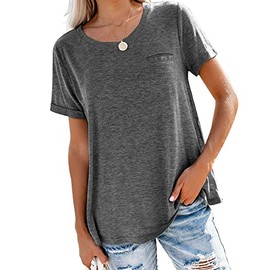 Bingerlily Women's Roll Up Short Sleeve T Shirts Summer Crew Neck Tops Loose Causal Tees with Pocket Charcoal