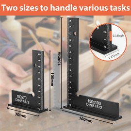 Raheem Set of 2 Try Squares with Measuring Scale, 90° Carpenter's Angle According to DIN 875/2, Carpenter's Square for Precise Work in Metal Construction and Workshop