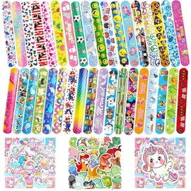 Seamart 24 Snap Bracelets Children + 50 Stickers, Colourful Bracelets with Animal/Space/Dinasour/Unicorn/Mermaid, Snap Bracelets, Party Bags, Children's Birthday Party Favours, for Children, Boys and