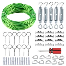 hannger Turnbuckles for Cables Wire, 1/8" X 100Ft Green PVC Coated Cable Turnbuckle Kit, Multi-use Wire Rope for Grape Vines/Clothesline Wires for T Post/String Light Hanging