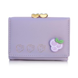 Libetter Women's Cute Trifold Coin Purse Ribbon Wallet for Girls, Elementary School Students, Junior High School Students, purple-grapes
