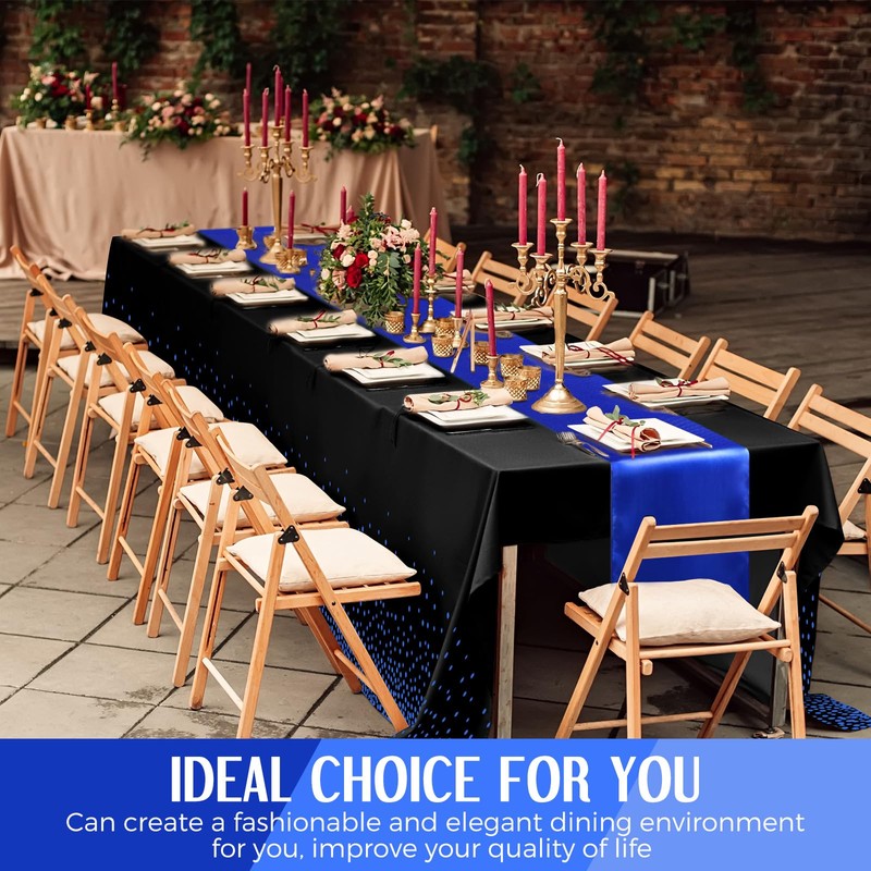16 Pack Black and Blue Tablecloths and Satin Runners Set