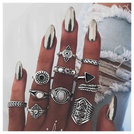 Aneneiceera Vintage Moonstone Rings Set Boho Silver Stackable Knuckle Rings Midi Finger Rings Retro Joint Rings Hand Rings Wedding Accessories for Women and Girls, Metal