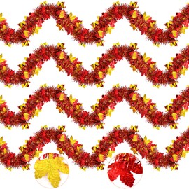 4 Strings Total 26.4 FT Thanksgiving Maple Leaf Tinsel Garlands – Each 6.6 FT Red Gold Metallic Fall Leaf Garland for Autumn, Harvest, and Thanksgiving Party Decorations