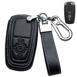 ontto Leather Car Key fob Cover fit for Ford Fusion Mustang Explorer F150 Rand Mondeo Mk5 Focus MK4 2019 2020 2021 Accessories Key case Key Holder Key Shell Keychain Keyring Protector 3 Buttons Black