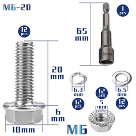 TXXATX M6 Hex Screws M6 x 20 mm Set of 12 Stainless Steel A2 70 Full Thread External Hexagon Flange Nuts Spring Washers Magnets Hexagonal Socket for Construction Machines