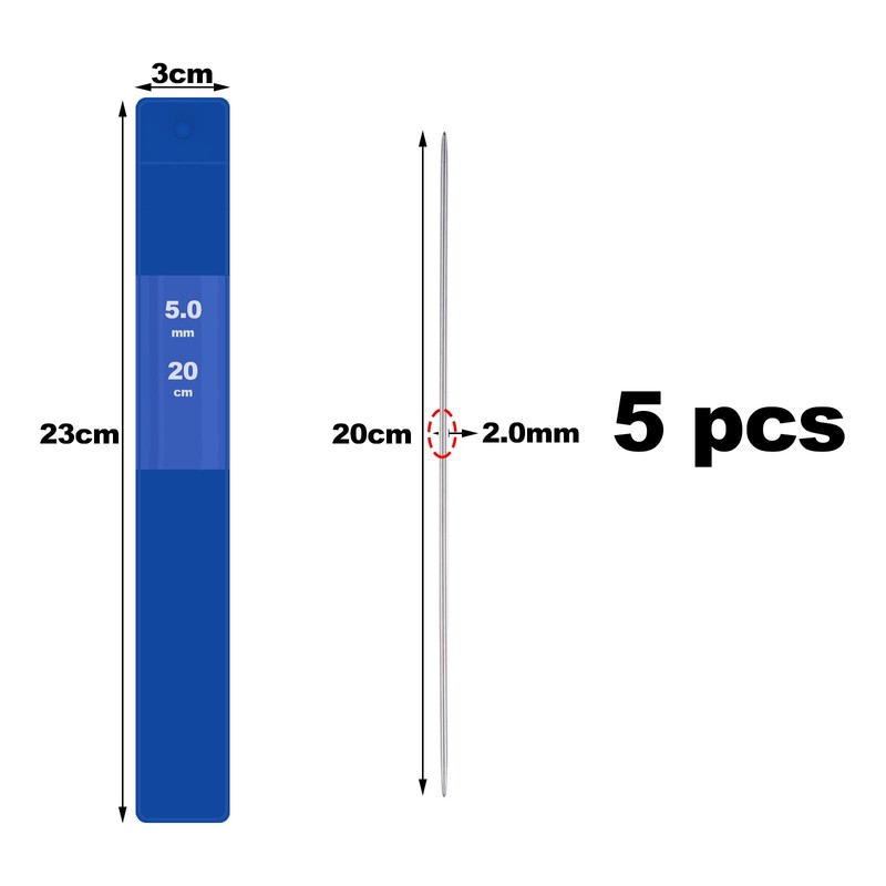Pack of 5 Needles 2 mm Stainless Steel Knitting Needles