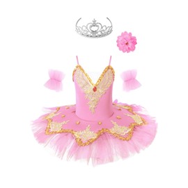 winying Girls Ballet Dance Outfit Faux Fur Sequins Swan Tutu Dress with Fingerless Gloves Hair Clip Set Pink b 12