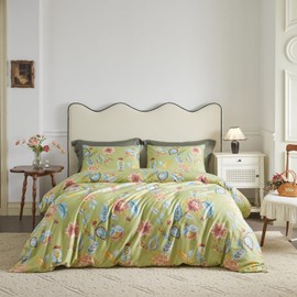 SUSYBAO Green Floral Duvet Cover Queen 100% Egyptian Cotton Retro Flower Duvet Cover 3 Pcs Set 1 Elegant Blue Plant Duvet Cover with Zipper Ties 2 Pillowcases Luxury Soft Pink Flower Bedding Set