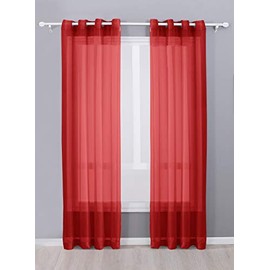 Decotex 2 Piece Sheer Voile Grommet Top Window Curtain Panel Drapes (54" X 63", Red)