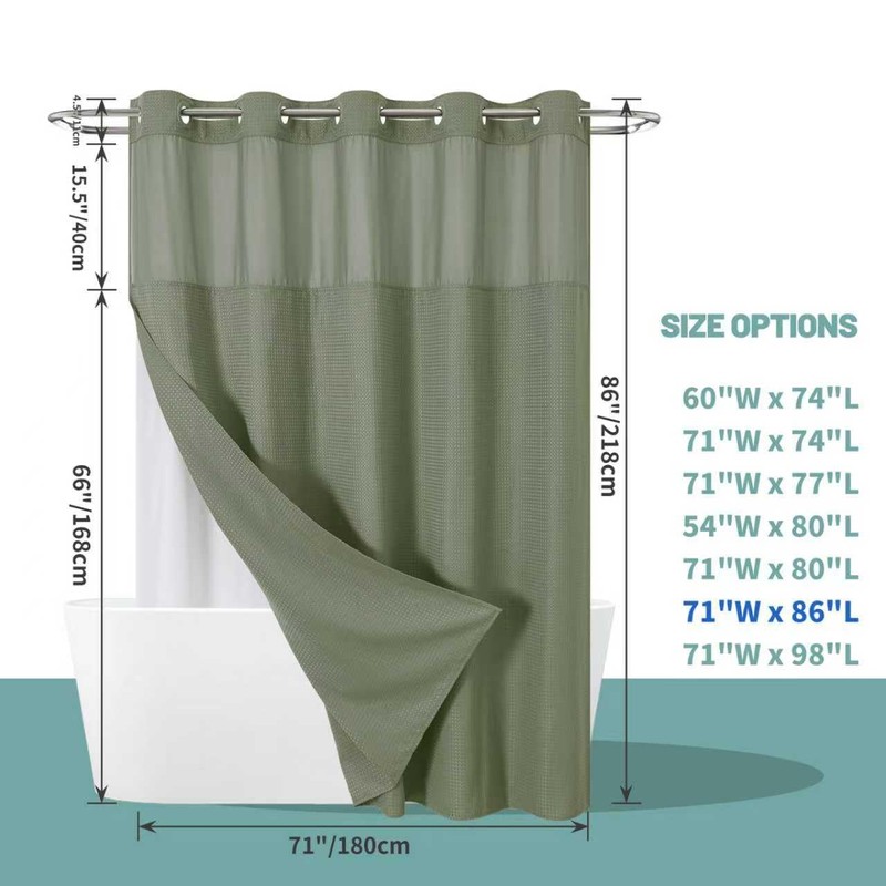 eachope SageGreen Extra Long No Hook Waffle Weave Shower Curtain