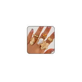 Sora Tuki Chunky Gold Rings for Women Statement Gold Rings Set Non Tarnish Pearl Flower Rings for Women Stackable Knuckle Ring Chunky Jewelry (1 - Gold 6 pcs)