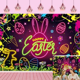 Happy Easter Backdrop 7X5FT Glow Egg Hunt Neon Easter Colorful Eggs Bunny Party Background Glow in The Dark Grass Rabbit Decorations Photography Backdrop