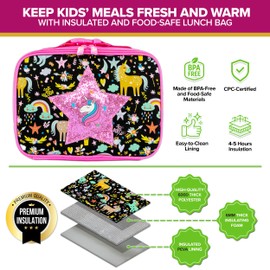 Decorably Insulated Unicorn Lunch Bag for Girls 4-6 with Glittery Star Patch Design, Easy-To-Clean Unicorn Lunchbox for Girls 4-6 with Mesh Pocket Inside