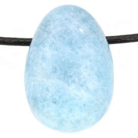 Echter Aquamarin Tropfenanhänger mit gewachstem Baumwollband - Gebohrter Trommelstein - Drehverschluss aus Edelstahl (Aquamarin 55)