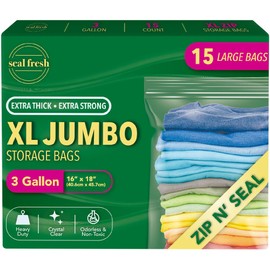 Seal Fresh 3 Gallon Large Plastic Storage Bags – 16" x 18" (15 Count) – Reusuable XXL Extra Large Heavy Duty Clear Jumbo Freezer Zip Lock Bags with Sealable Zipper Top For Clothes, Travel, Moving