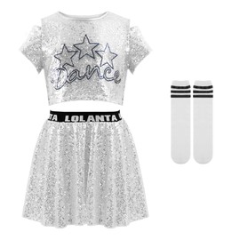 LOLANTA Sequin Dance Costumes for Girls Silver Sequin Dress Modern Dance Outfits Sequin Top and Skirt (Silver, 7-8 Years)