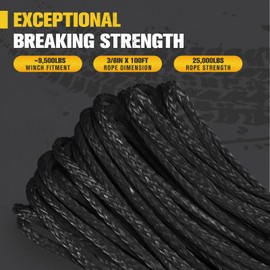 BUNKER INDUST 3/8" x 100' Synthetic Winch Rope,25000LBS Winch Cable with Protective Sleeve 100ft Winch Line Replacement for Off-Road Vehicle SUV Truck, Black