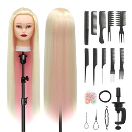 Styling Head 28 inch Hairdresser Training Head 100% Synthetic Fiber Hair Styling Head, Training Head Hairdressing Head with Free Clamp and DIY Braiding Set (Blonde Powder)