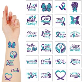 Landhoow 240 Pcs Suicide Prevention Awareness Tattoos Temporary Glitter Teal Purple Ribbon Stickers Mental Health Tattoos Body Stickers for Suicide Prevention Awareness Favor Charity Campaign Supplies