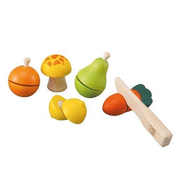 PlanToys Wooden Fruit and Vegetable Pretend Play Food Playset with Knife and Velcro (5337) | Sustainably Made from Rubberwood and Non-Toxic Paints and Dyes
