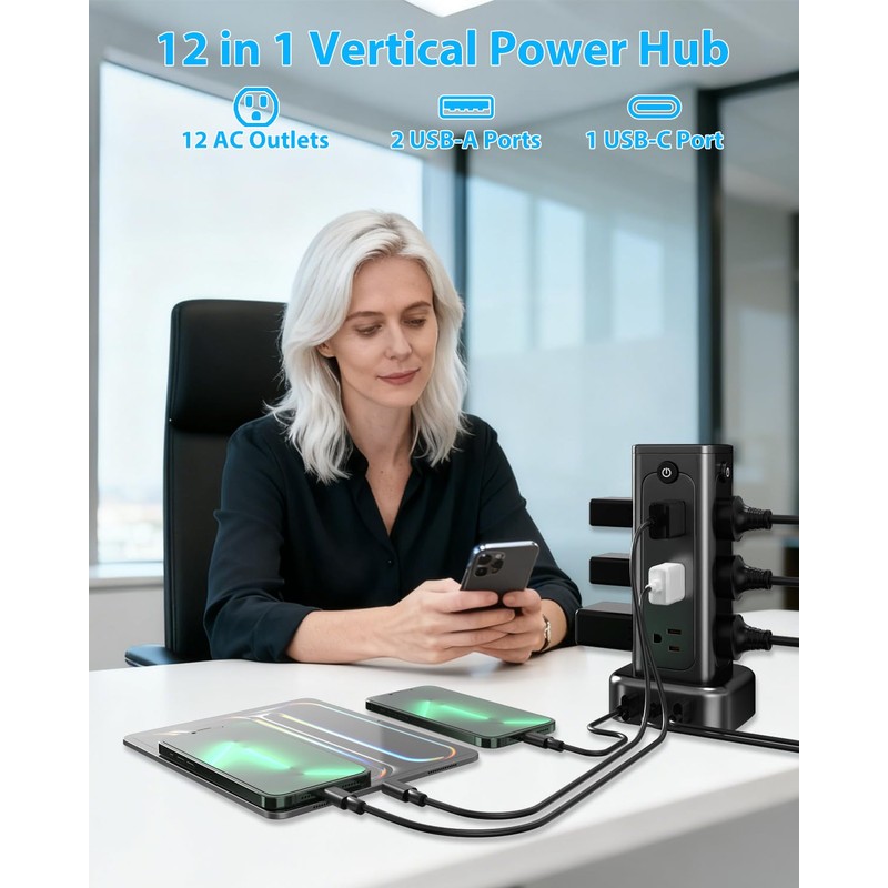 Vertical Power Strip with USB & Type-C, 12 AC Outlets