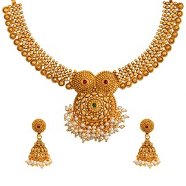 Bodha Traditional Indian Handcrafted Antique Gold Jewellery Clustered Hanging Pearls Necklace Set with Jhumki Earrings for Women &(SJN_77)